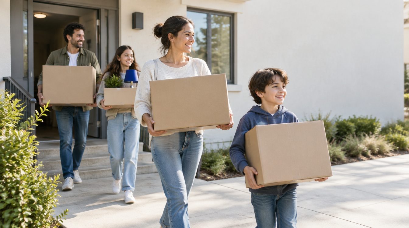 Families on moving day in front of a low-rise building