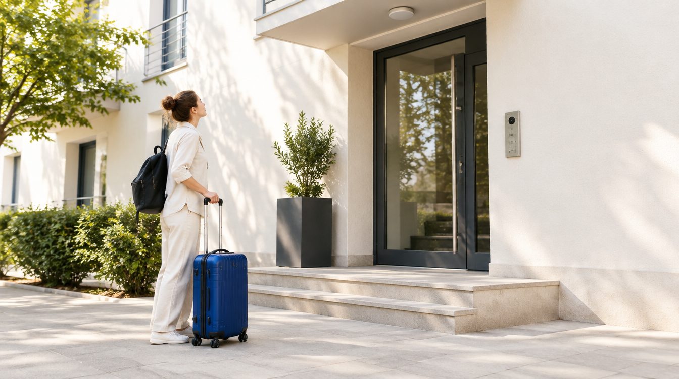 A young woman stepping off a train with a suitcase