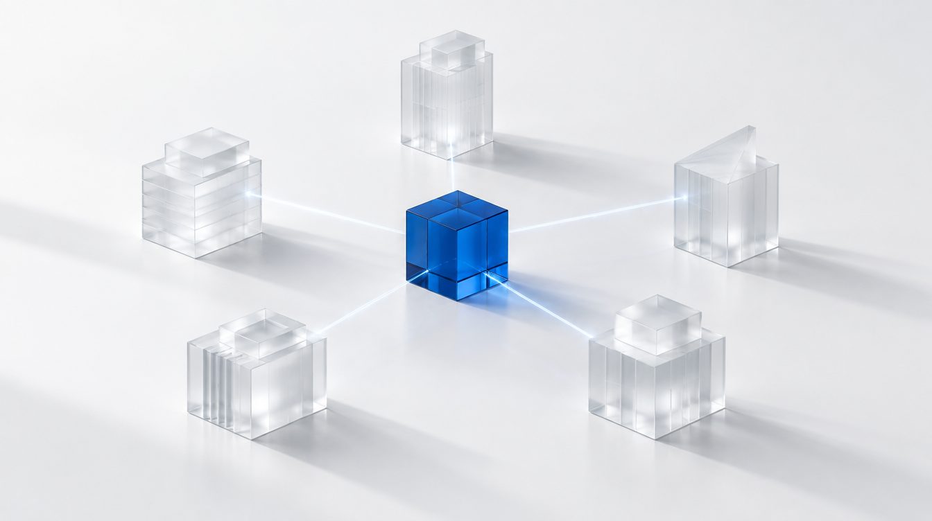 Five buildings around a glass cube, connected by threads of light