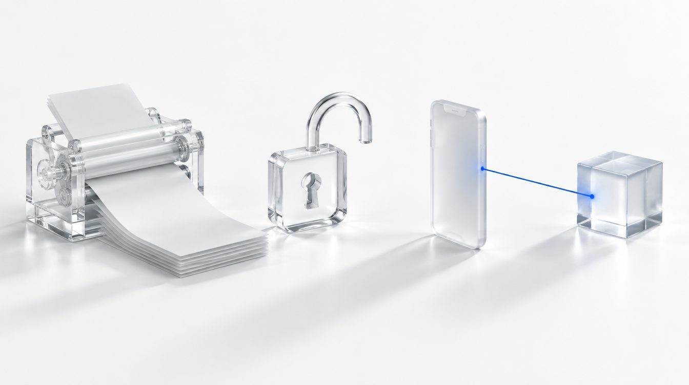 A machine printing perfect documents toward an open padlock, and a phone with a green check linked to the cube.
