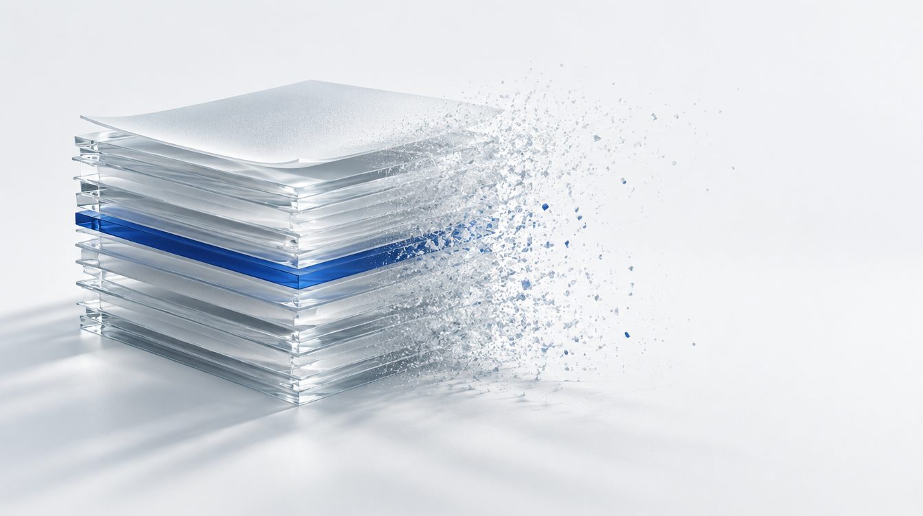 A wall of paper documents dissolving into particles