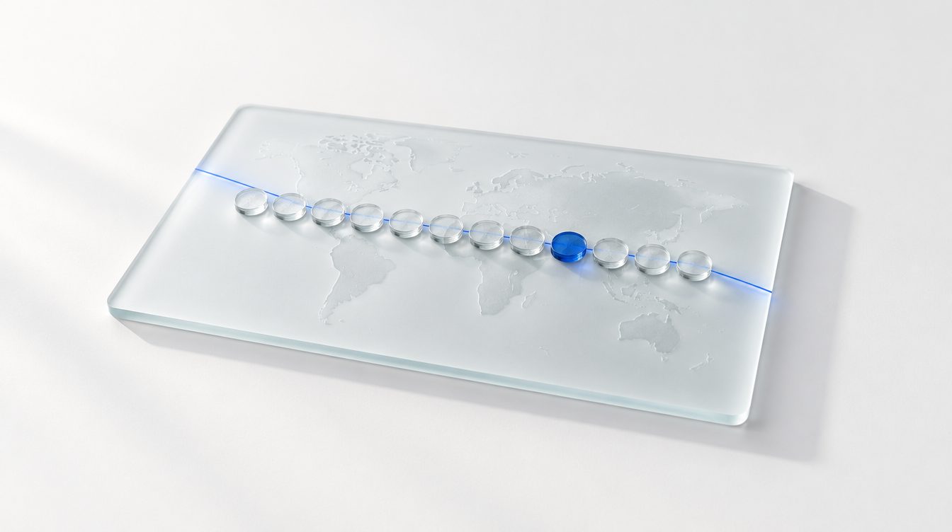 A glass card with twelve amber coins and a light trail across a map