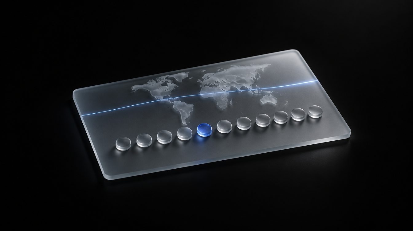A glass card with twelve amber coins and a light trail across a map