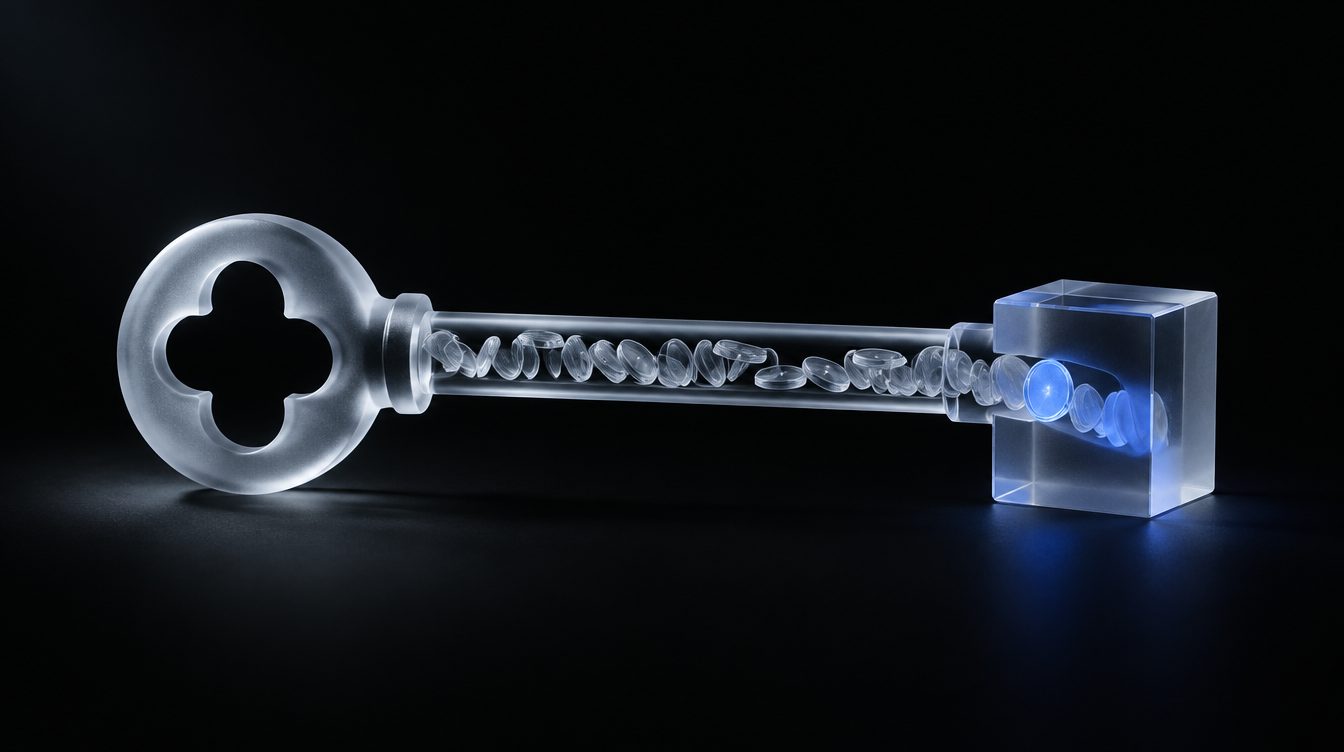 A glass key filled with coins in the six colours flowing to a cube.