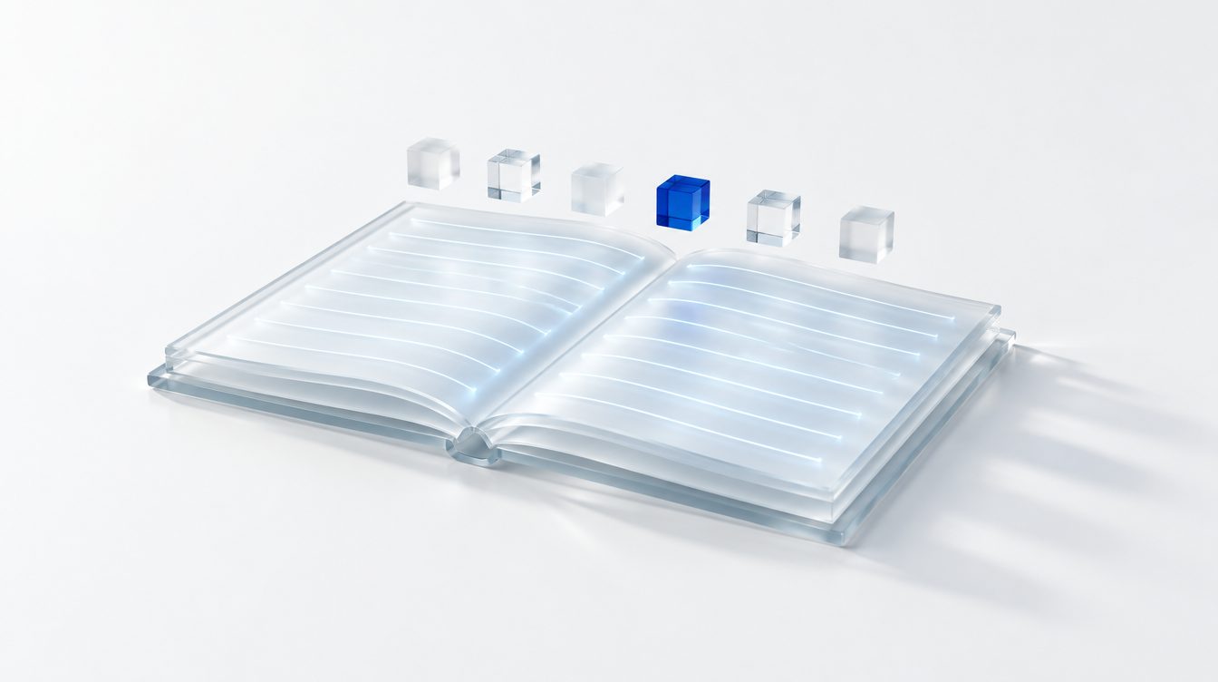 An open frosted ledger with glowing rows and six small coloured cubes above.