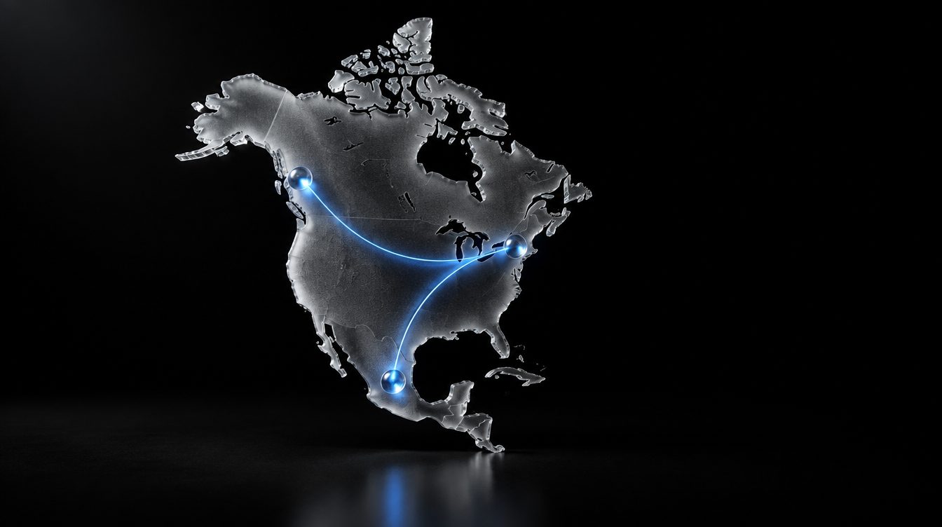 A glass map of North America with a green thread Toronto to Calgary to Austin.