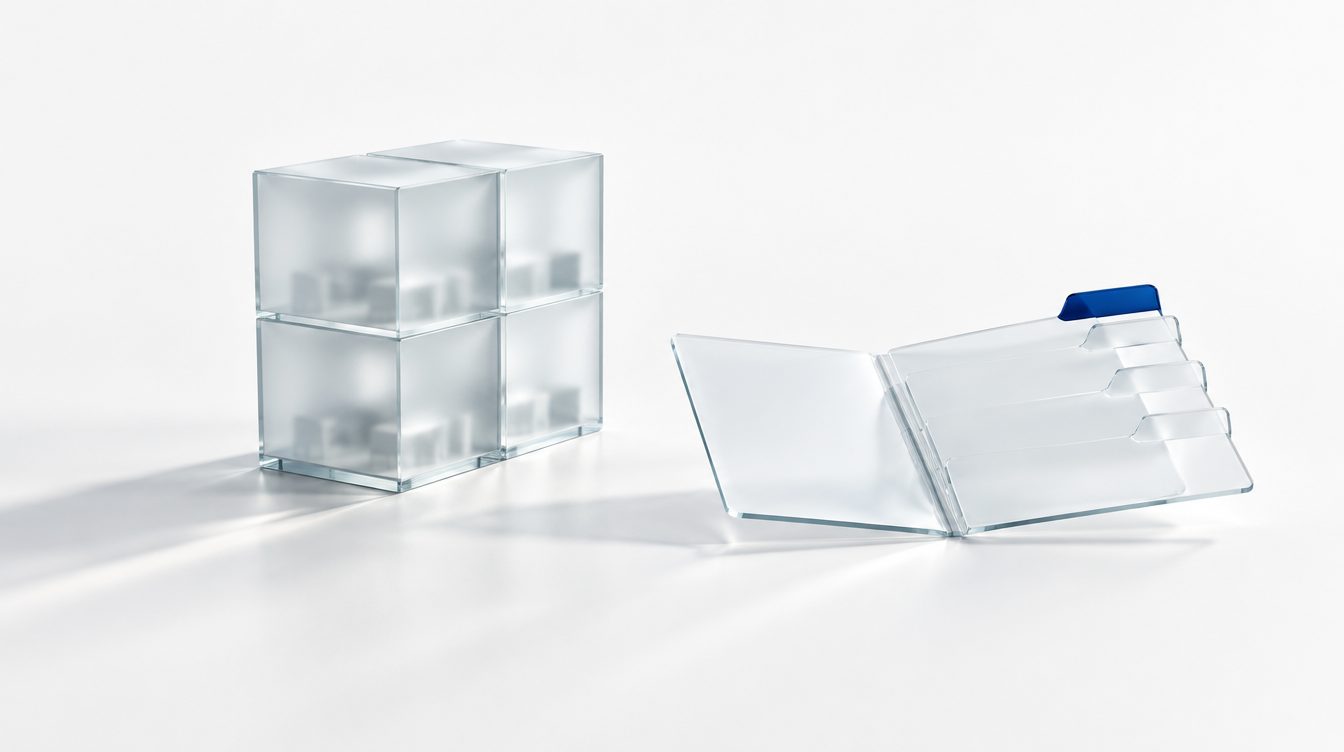 A four-unit brick building with a glass folder of coloured tabs