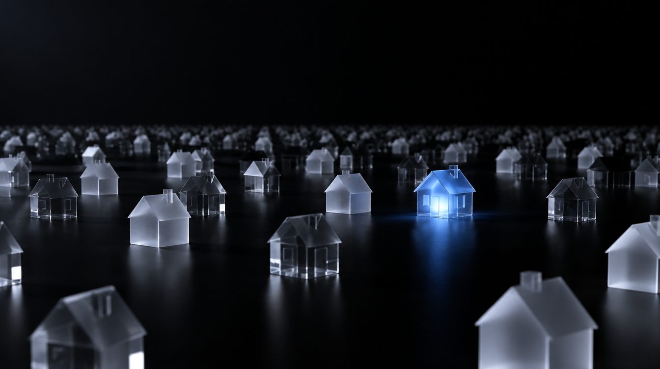 An endless field of small glass houses with coloured dots.