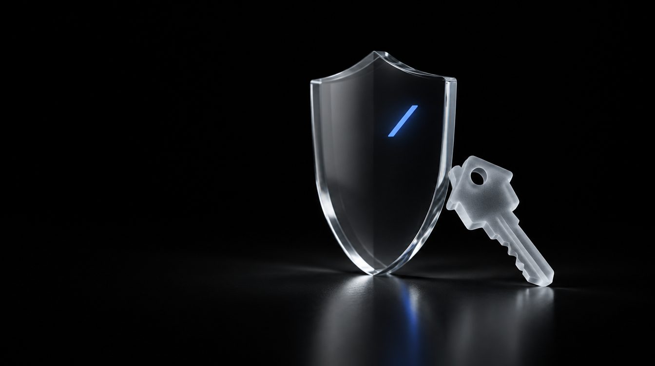 A glass shield with a green check beside a house key.