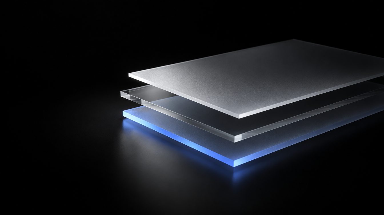 Three sheets of frosted glass stacked like layers of a drawing