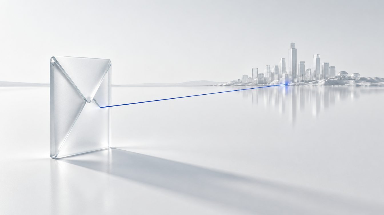 A frosted glass envelope with a green thread running toward a lakeside skyline