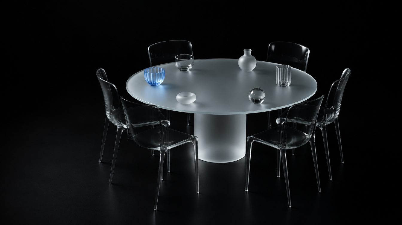 A round glass table with six chairs, a different coloured object at each place