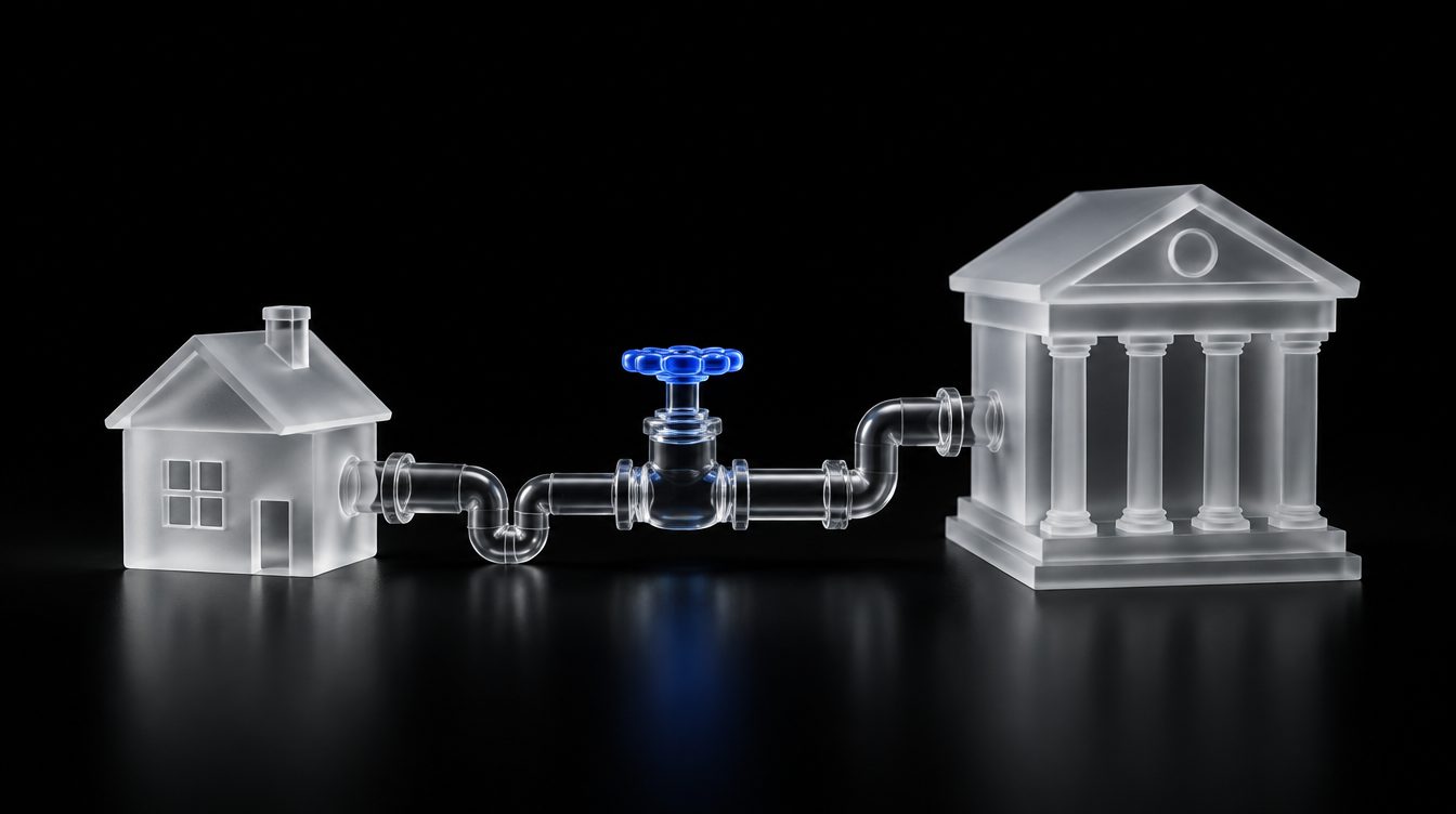 A workbench with glass pipe fittings joining a small house to a bank