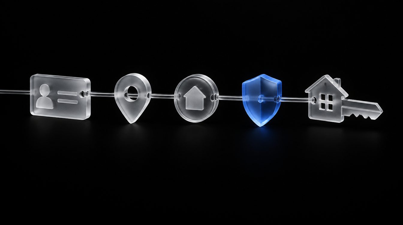 Five steps in order, from identity to the keys, joined on one glass thread.