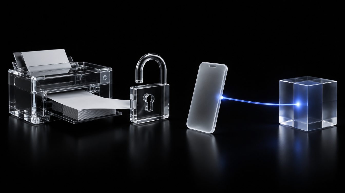 A machine printing perfect documents toward an open padlock, and a phone with a green check linked to the cube.