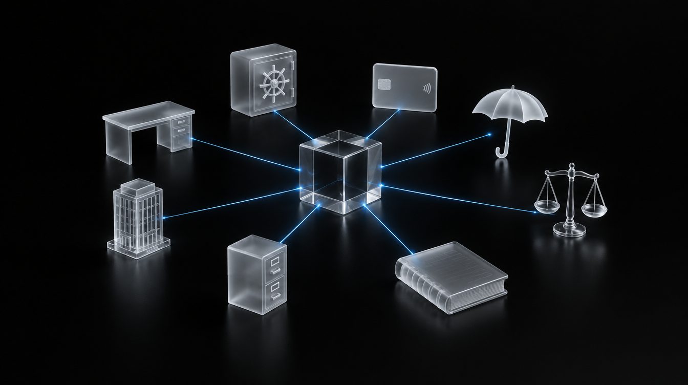 A six-colour glass cube at the centre, joined by threads of light to a bank vault, a payment card, an insurance umbrella, a set of scales, a ledger, a filing cabinet, an office building and a desk