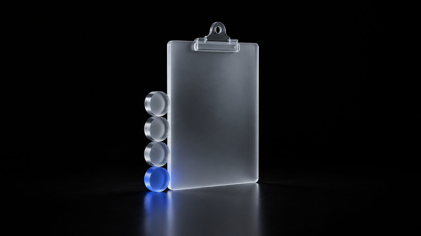 A glass clipboard with four coloured dots down its edge