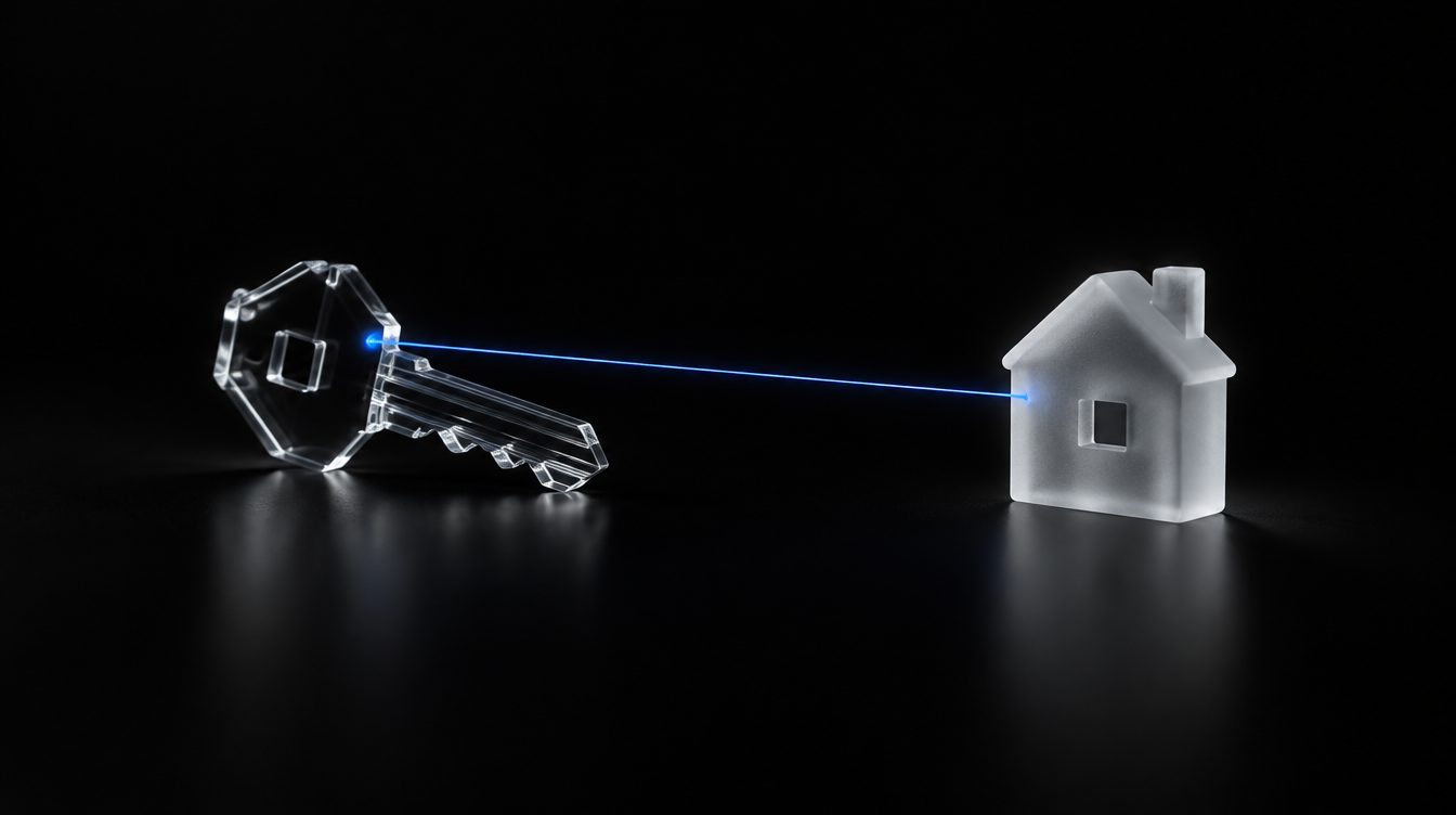 A glass key joined to a small glass house by one teal thread