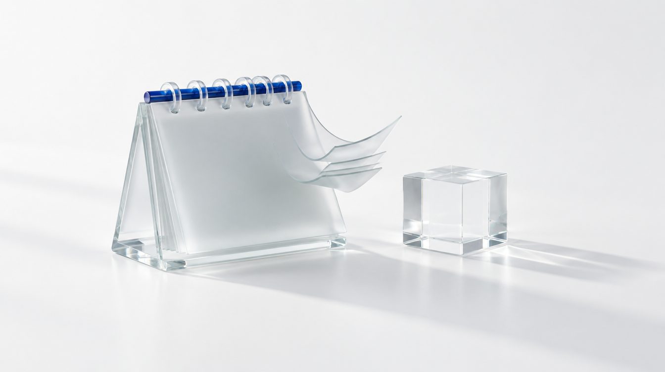 A glass calendar with the last pages lifting, beside the finished six-colour cube