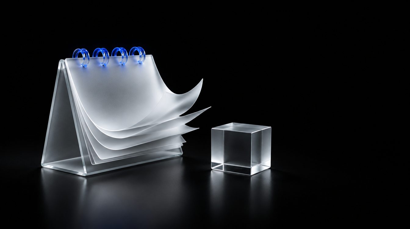 A glass calendar with the last pages lifting, beside the finished six-colour cube