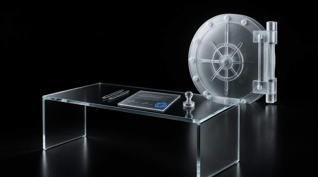 A signed agreement on a desk, two ink signatures, a dated stamp and a small six-colour seal, with a frosted glass bank and vault door behind it