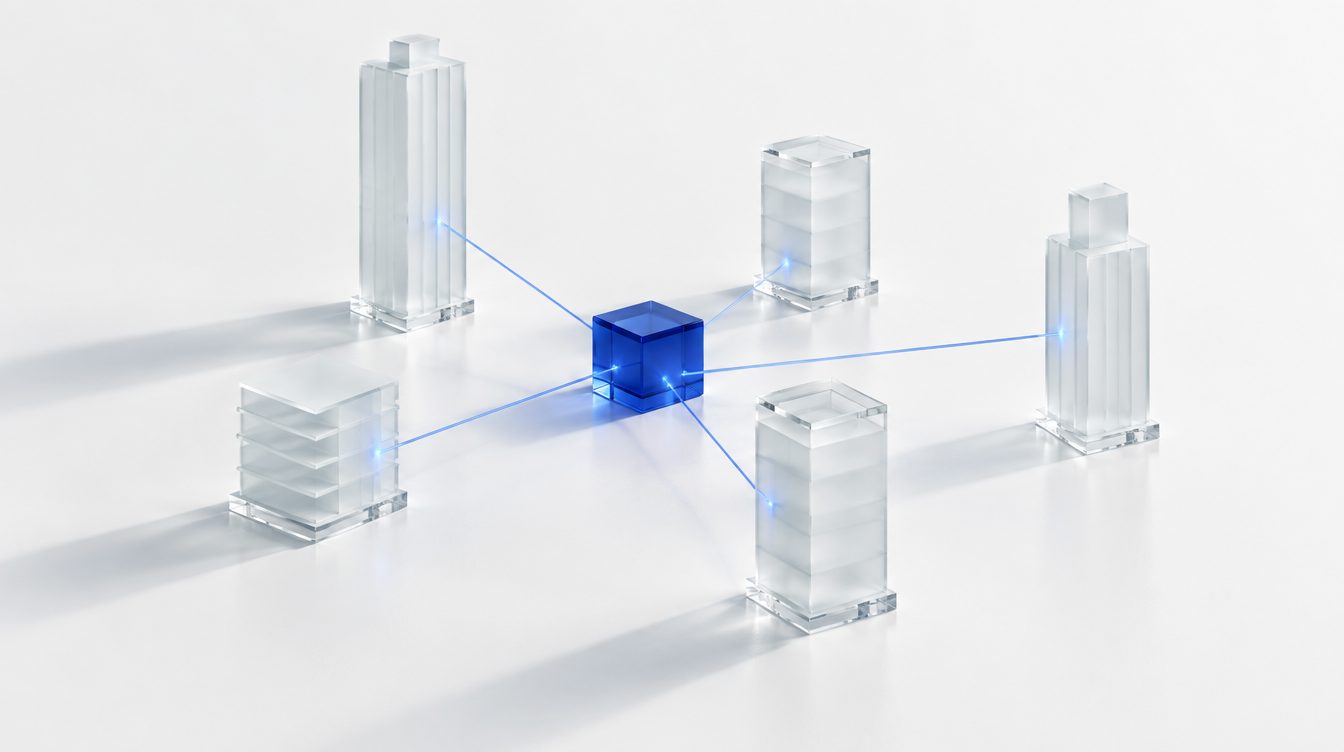 Five buildings with light threads to a glass cube in the centre.