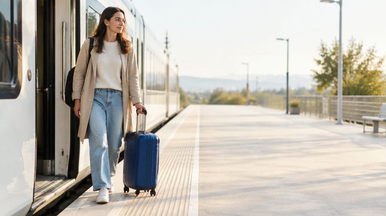 A young woman stepping off a train with a suitcase.
