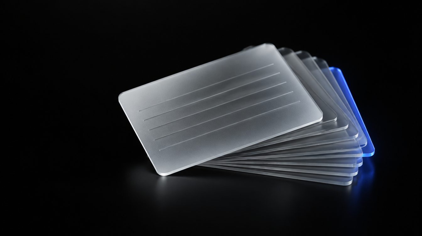 A frosted glass record card with six bands of colour, resting on a fanned file of the same cards.